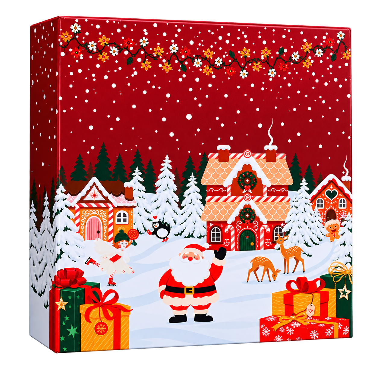 Calendrier de l'Avent chocolat artisanal garni de fritures de Noël, décor village enneigé et Père Noël – Chocolaterie des Bauges.
